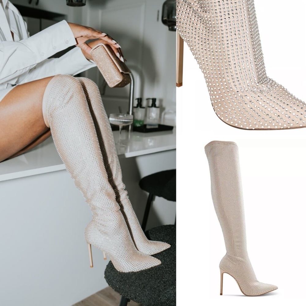 Elegant champagne Studded rhinestones over the Knee High Boots